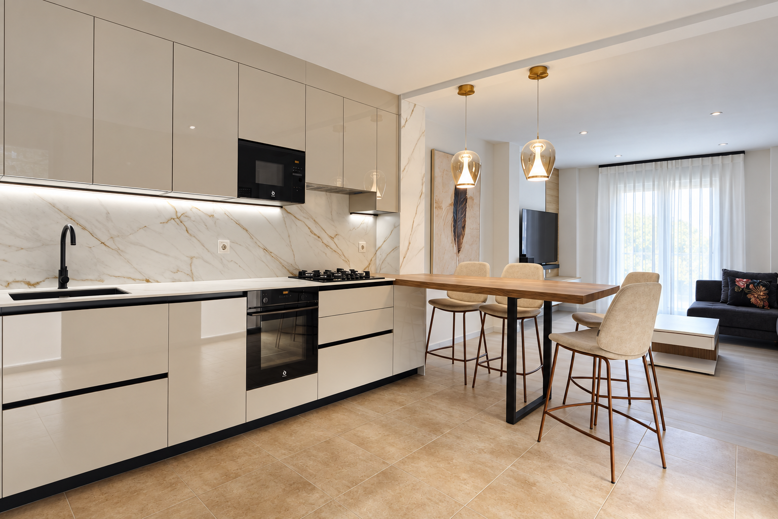 Cocina de frentes claros con barra de madera abierta al salón